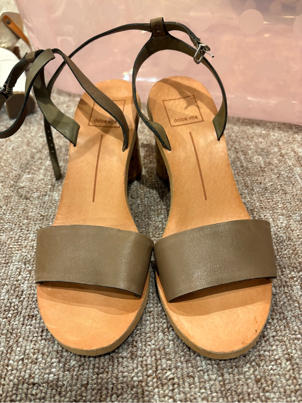 Dolce Vita Olive-Taupe Leather Ankle-Strap Block Heel Sandals